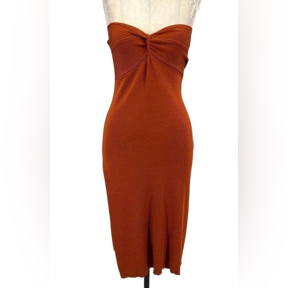 Cult Gaia Rust Orange Strapless Knit Twist Front Midi Dress Side Slit - Picture 2 of 8